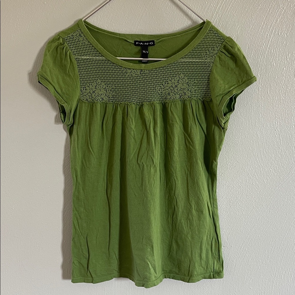 Fang Green Lace Yoke Cap Sleeve Top Size M 100% Cotton